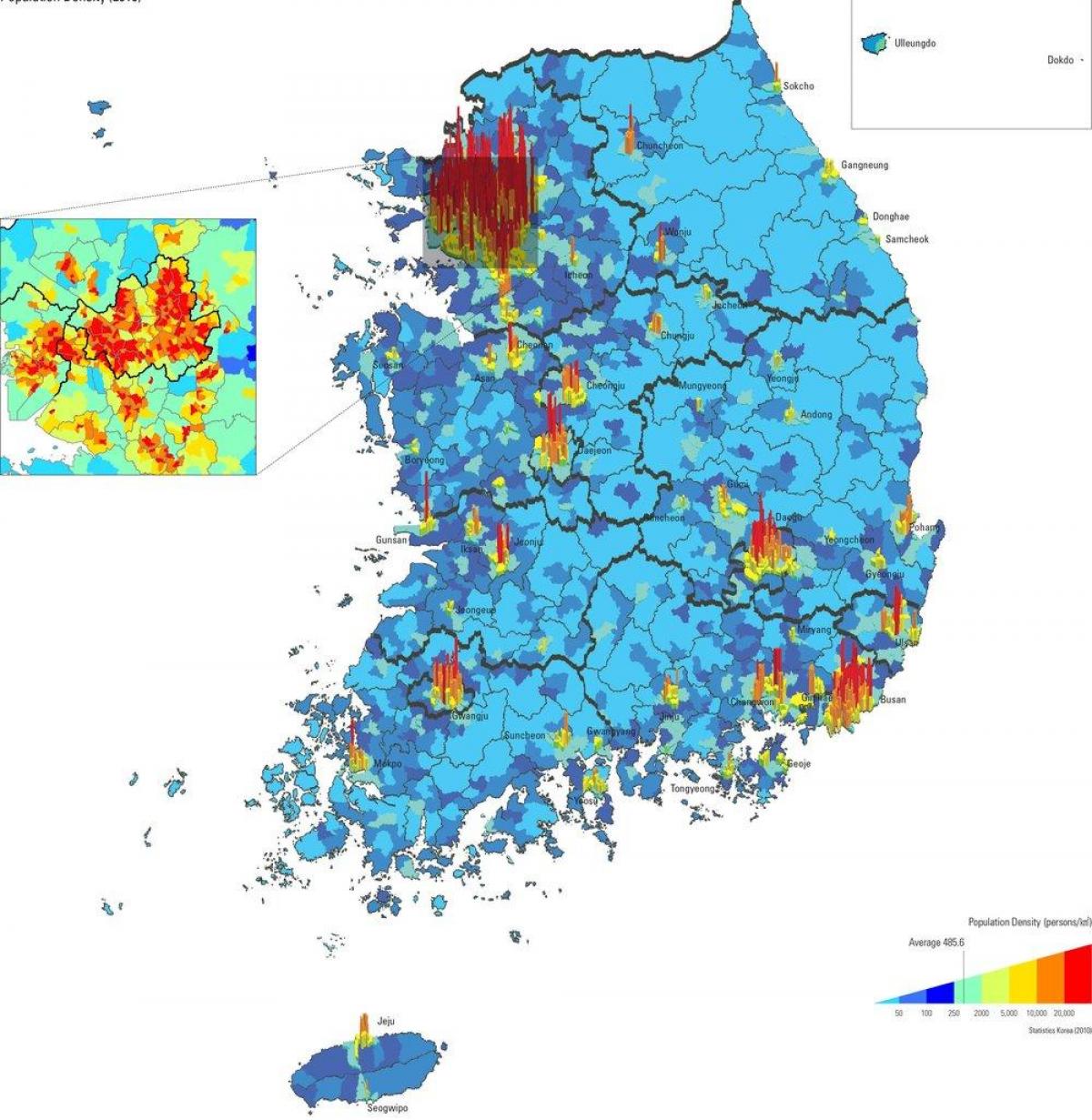 Mapa gęstości zaludnienia Korei Południowej (ROK)