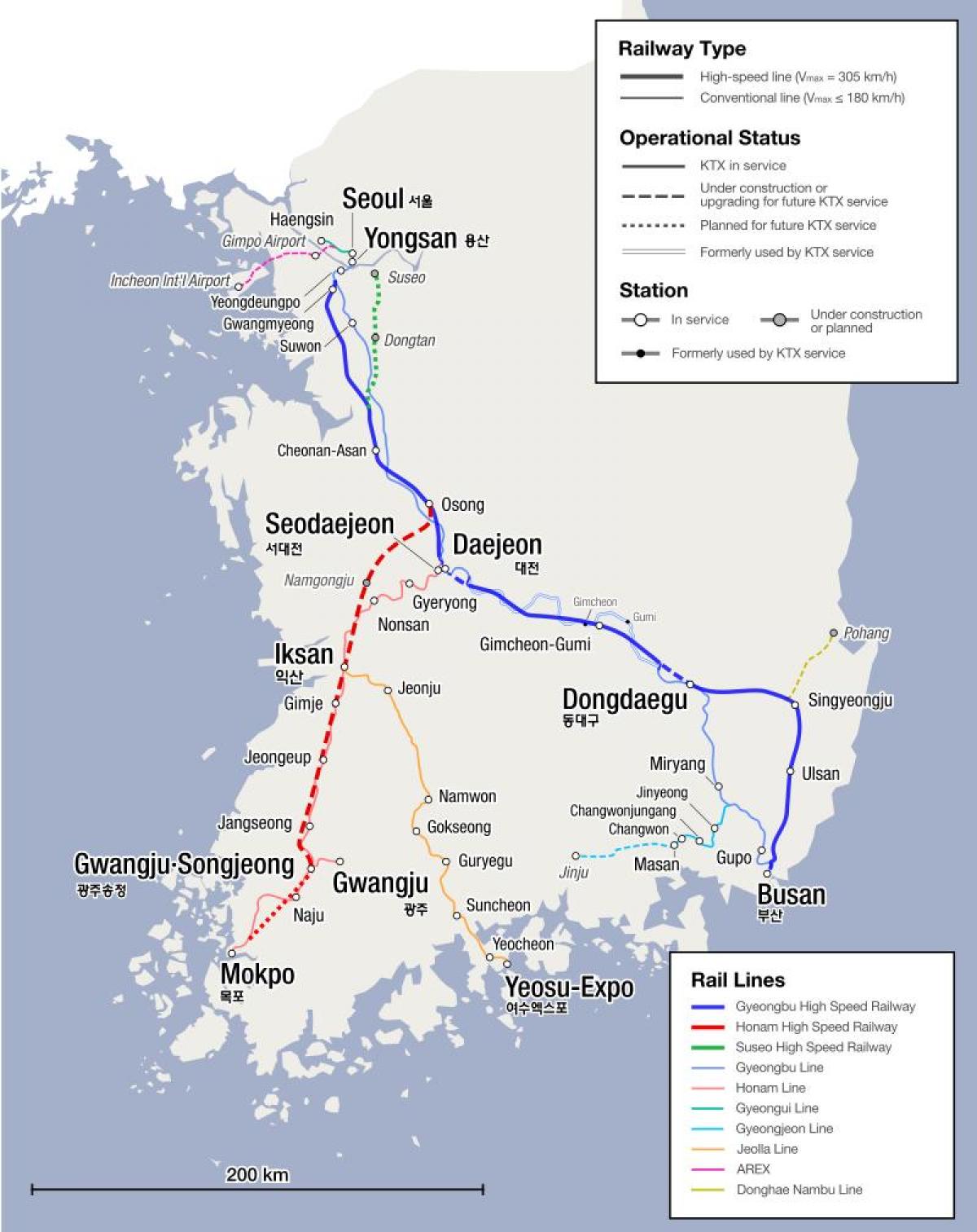 Mapa linii kolejowych Korei Południowej (ROK)