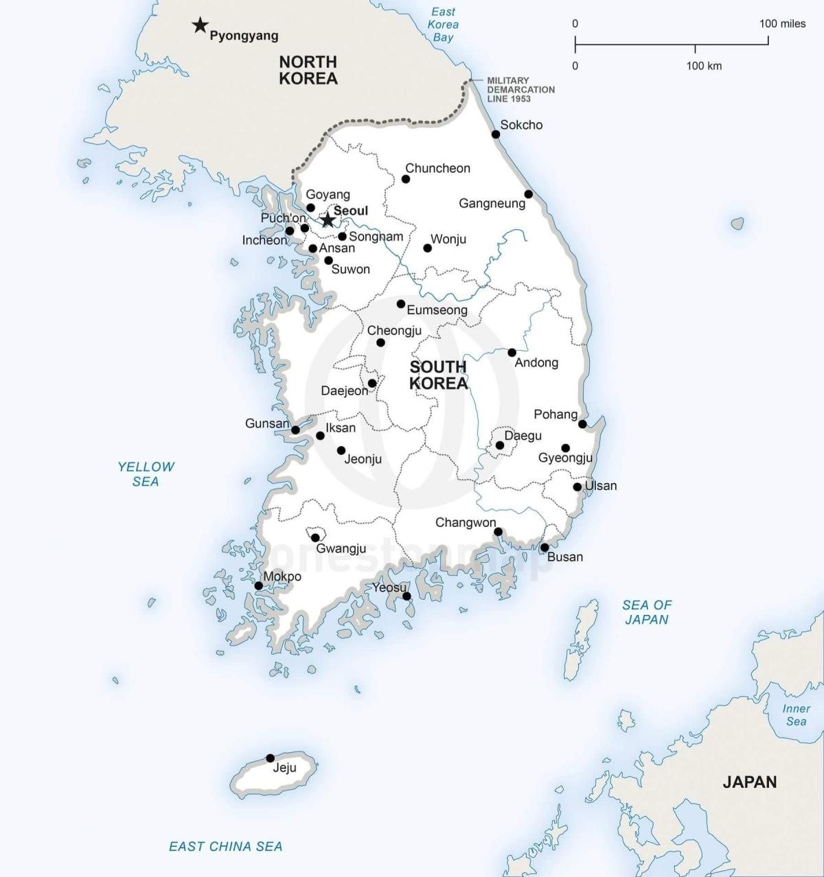 Mapa Korei Południowej (ROK) z głównymi miastami